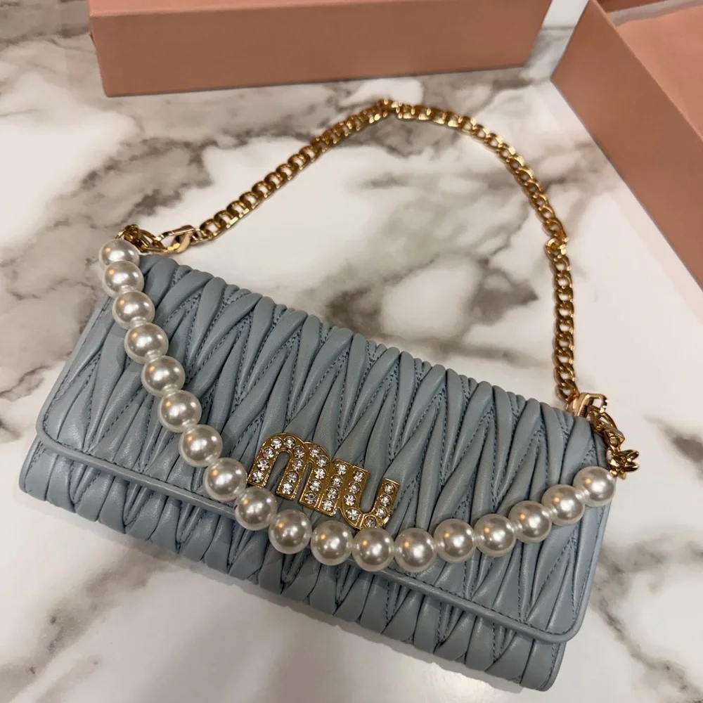 Miu Miu Matelasse Bifold Long Wallet Logo Leather Cielo Blue